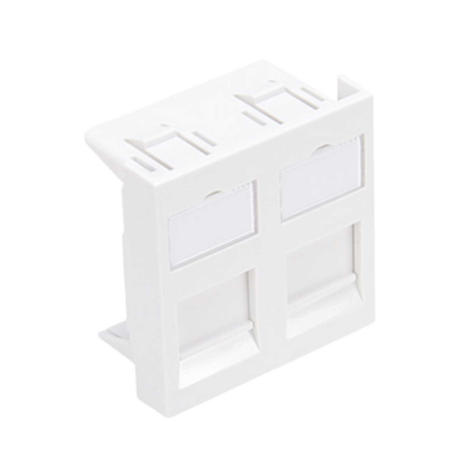 Double plastron RJ45 45x45 mm TOPNet pour réseaux Cat6A/Cat7. Installation par encliquetage, plastique ABS blanc. Solution idéale pour centres de données et bureaux.
