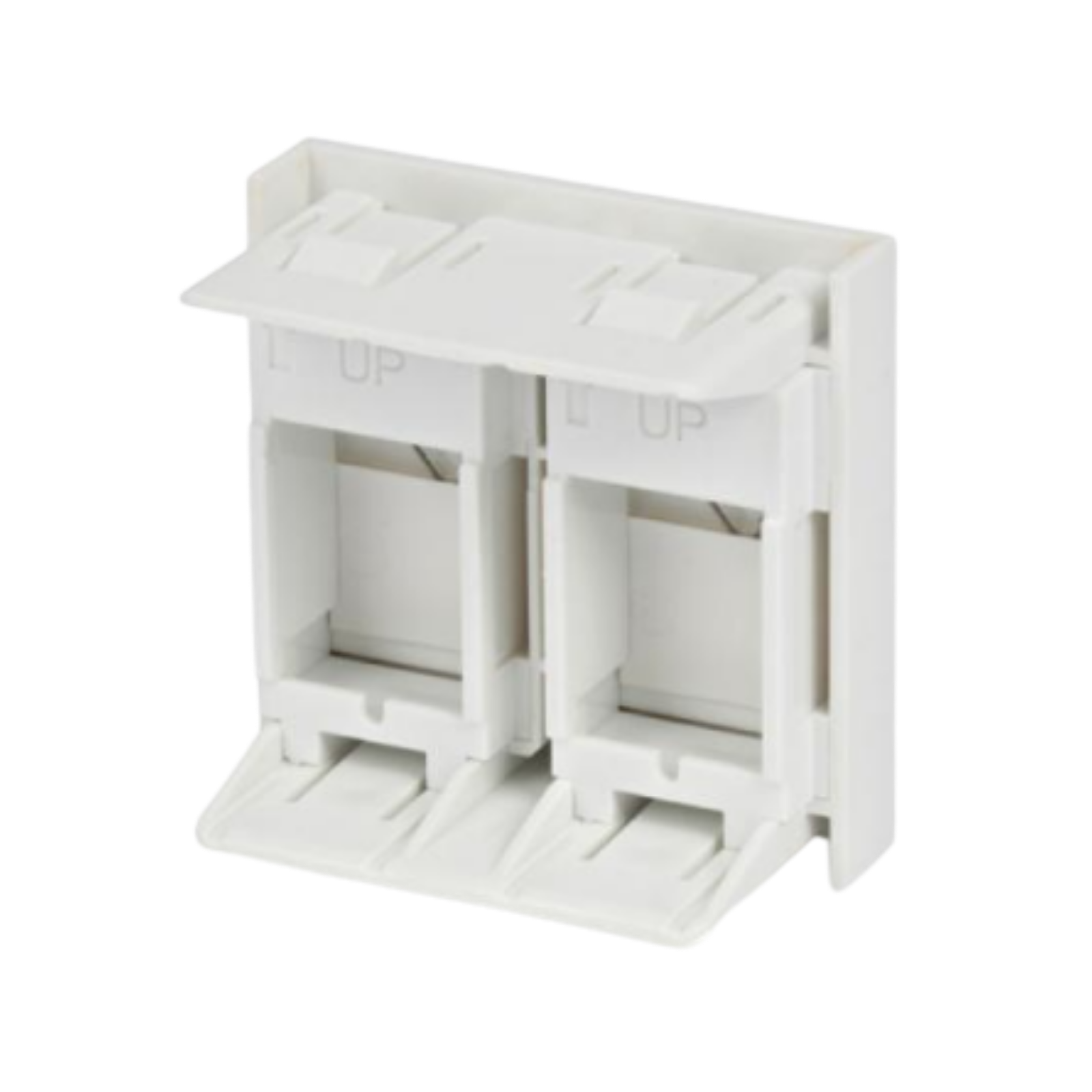 Double plastron RJ45 45x45 mm TOPNet pour réseaux Cat6A/Cat7. Installation par encliquetage, plastique ABS blanc. Solution idéale pour centres de données et bureaux.