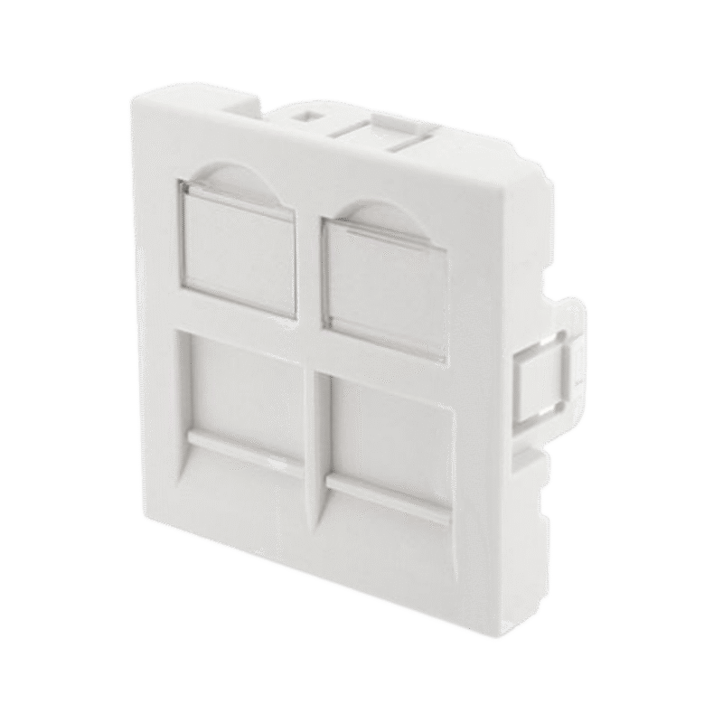 Double plastron RJ45 45x45 mm TOPNet pour réseaux Cat6A/Cat7. Installation par encliquetage, plastique ABS blanc. Solution idéale pour centres de données et bureaux.