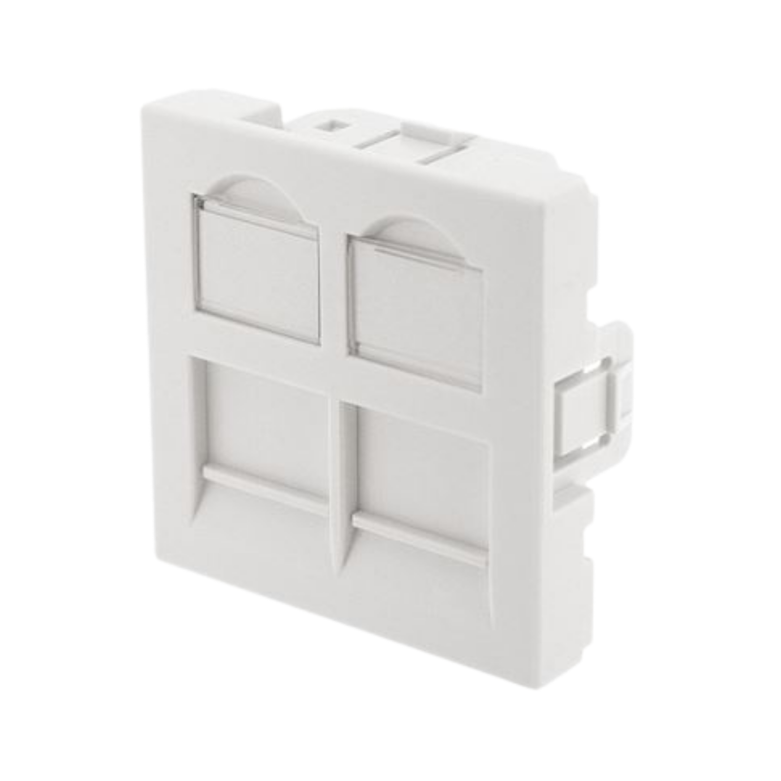 Double plastron RJ45 45x45 mm TOPNet pour réseaux Cat6A/Cat7. Installation par encliquetage, plastique ABS blanc. Solution idéale pour centres de données et bureaux.